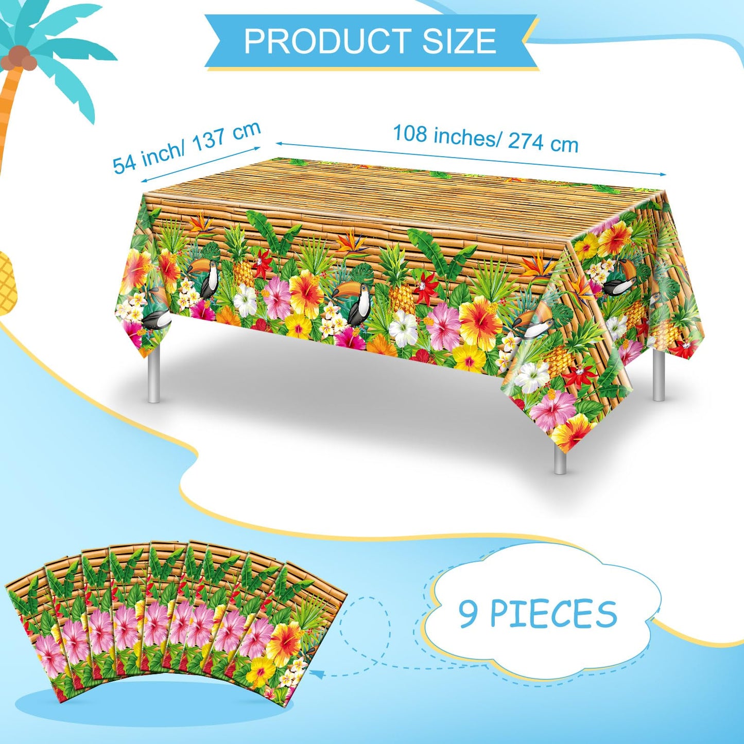 Frienda 3-Piece Tiki Tablecloth Decorations | Luau Table Cover – Waterproof & Disposable