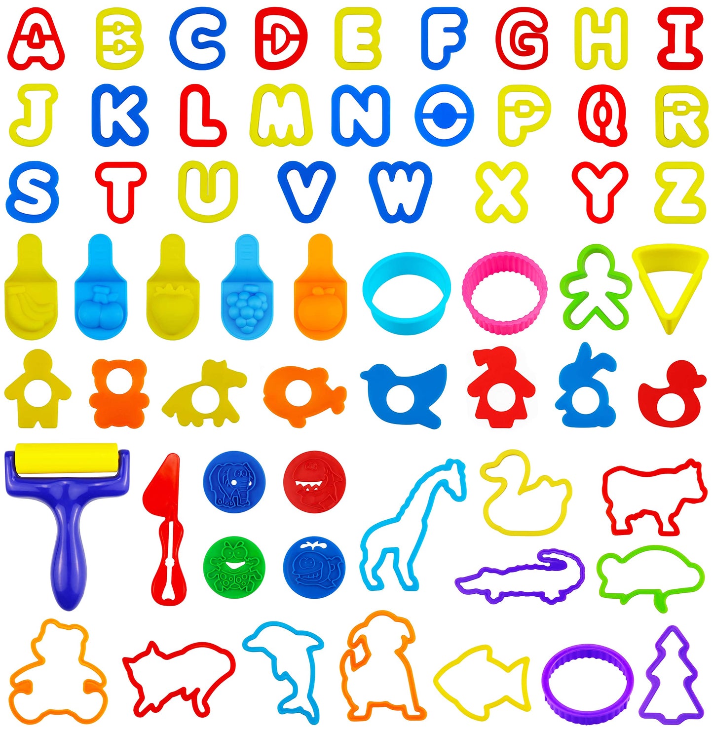 FRIMOONY 61-Piece Plastic Dough Tools for Kids – Letters, Roller, Cookie Cutters & Stamps in Bright Colors