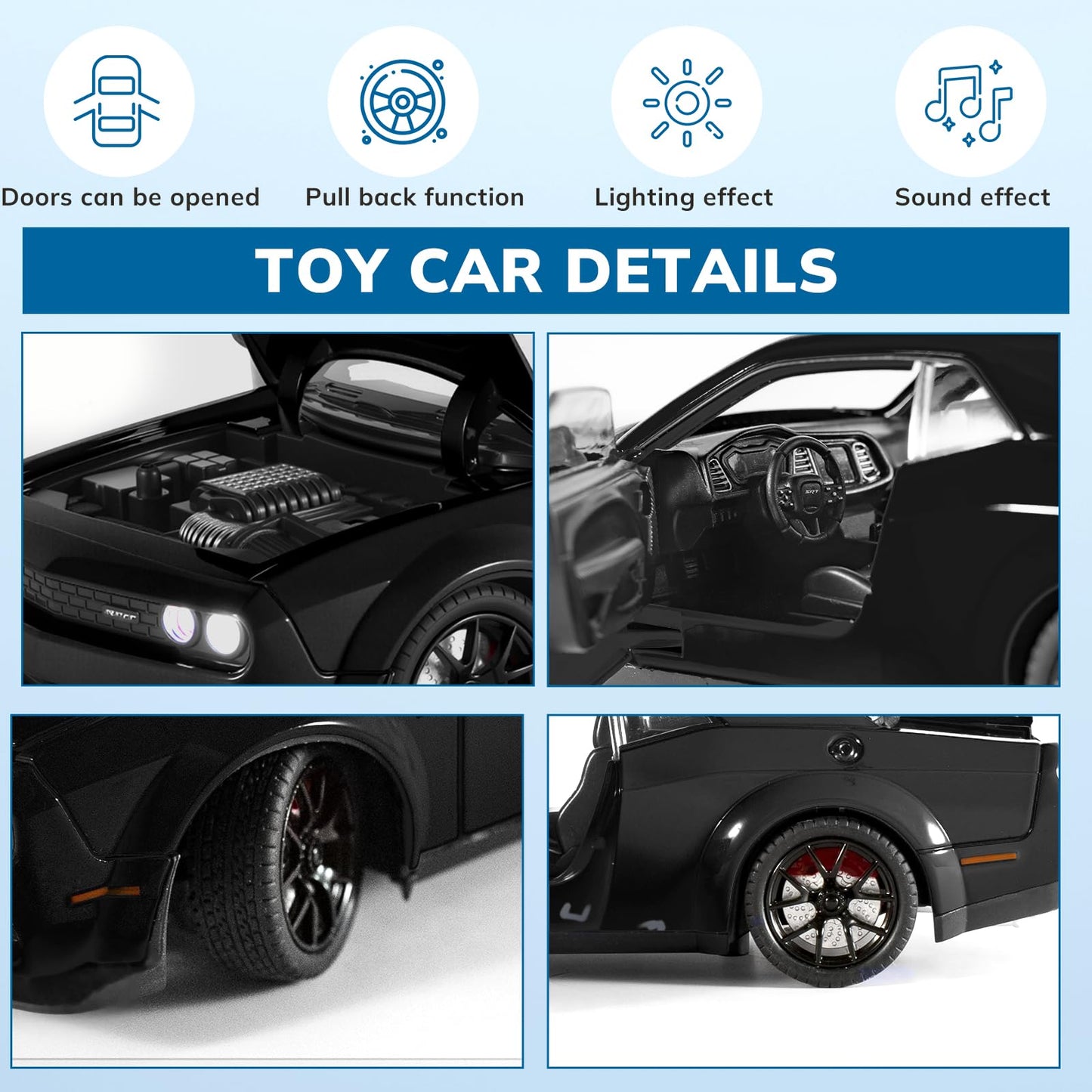 FRJV Hellcat SRT 1/24 Diecast Car Toy – Pull Back, Lights & Sounds for Boys 4-7 (Black)