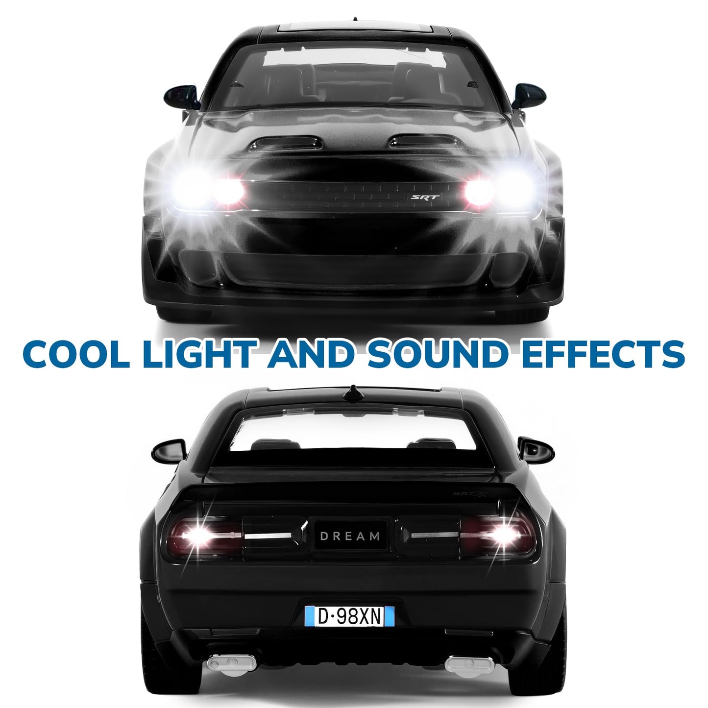 FRJV Hellcat SRT 1/24 Diecast Car Toy – Pull Back, Lights & Sounds for Boys 4-7 (Black)