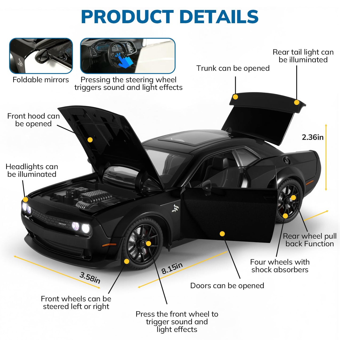 FRJV Hellcat SRT 1/24 Diecast Car Toy – Pull Back, Lights & Sounds for Boys 4-7 (Black)