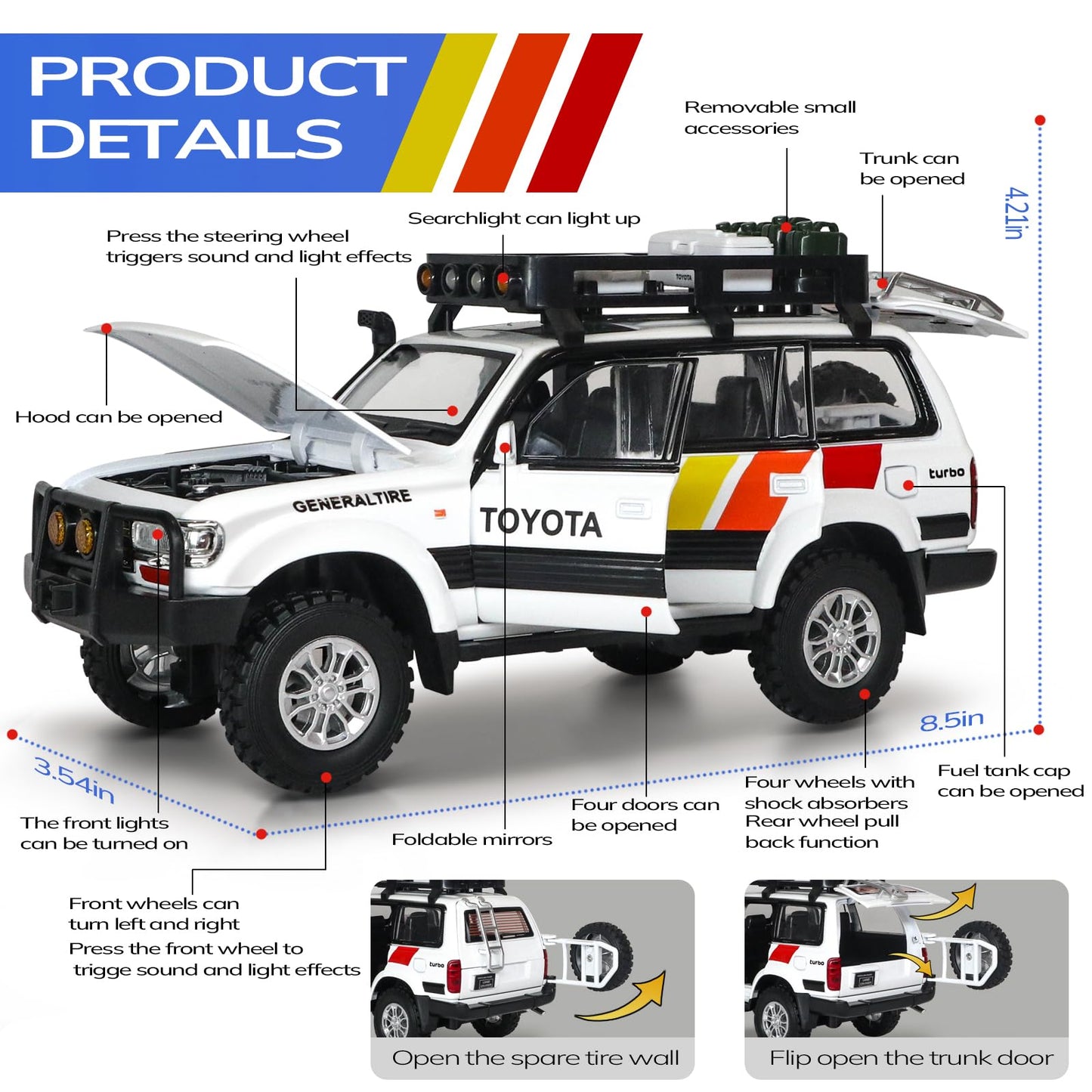 FRJV Diecast Toy Cars 1:24 – Land Cruiser LC80 Pull-Back with Lights & Sounds
