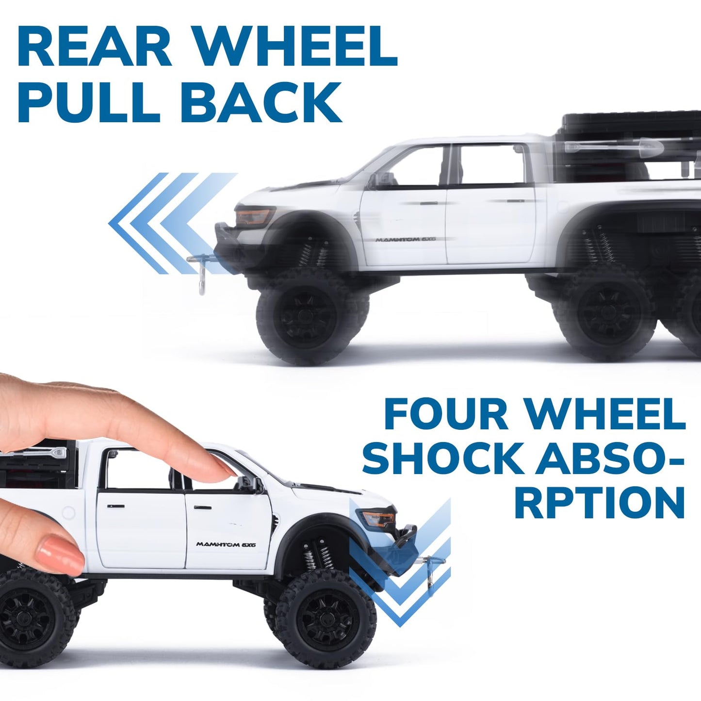 FRJV Mammoth 1/24 Diecast Pickup Truck Toy with Pull-Back, Light & Sound – White