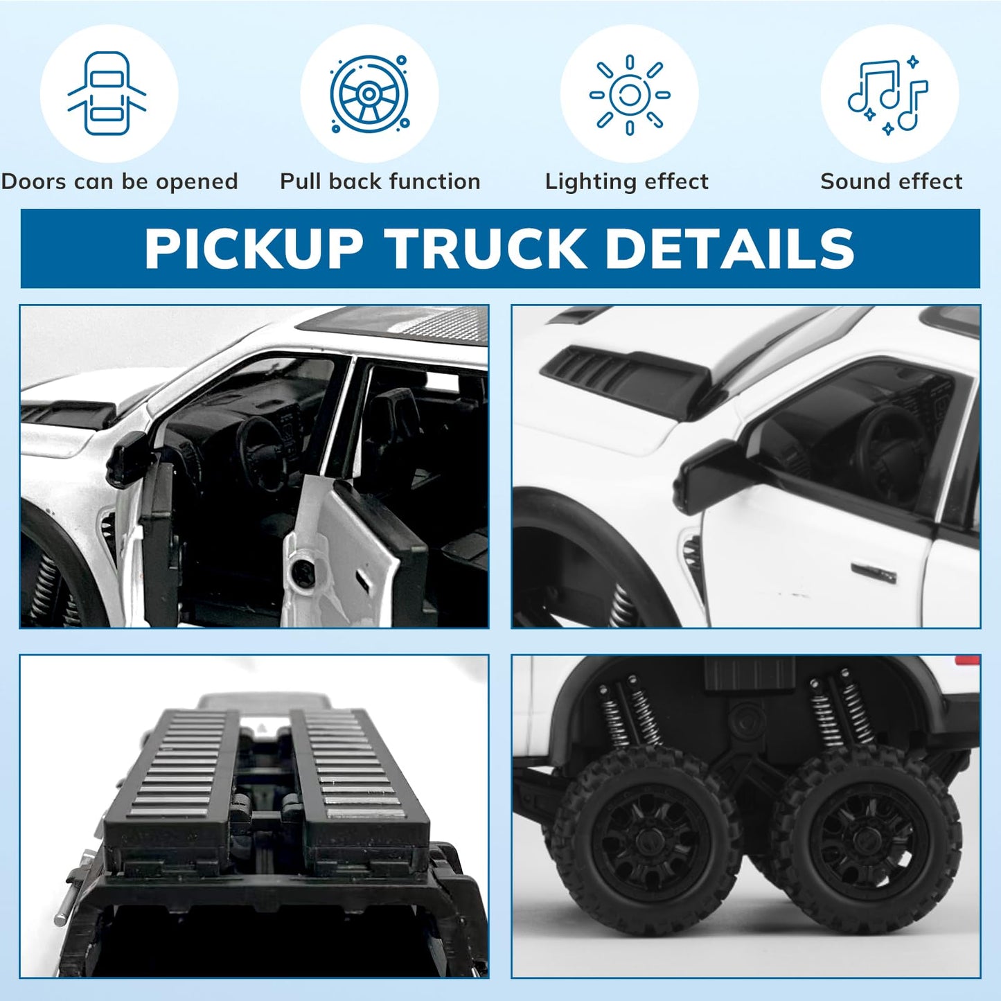 FRJV Mammoth 1/24 Diecast Pickup Truck Toy with Pull-Back, Light & Sound – White