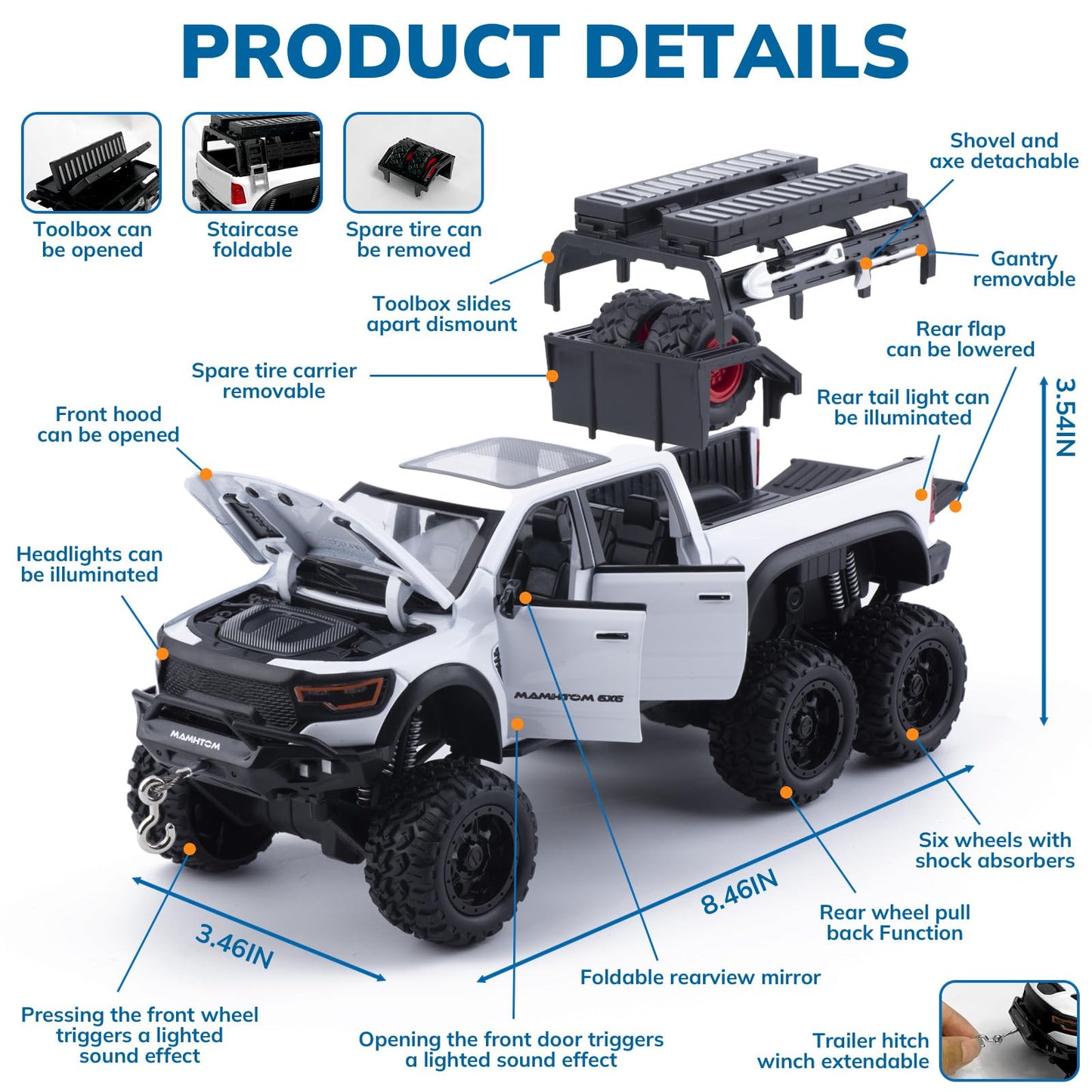 FRJV Mammoth 1/24 Diecast Pickup Truck Toy with Pull-Back, Light & Sound – White