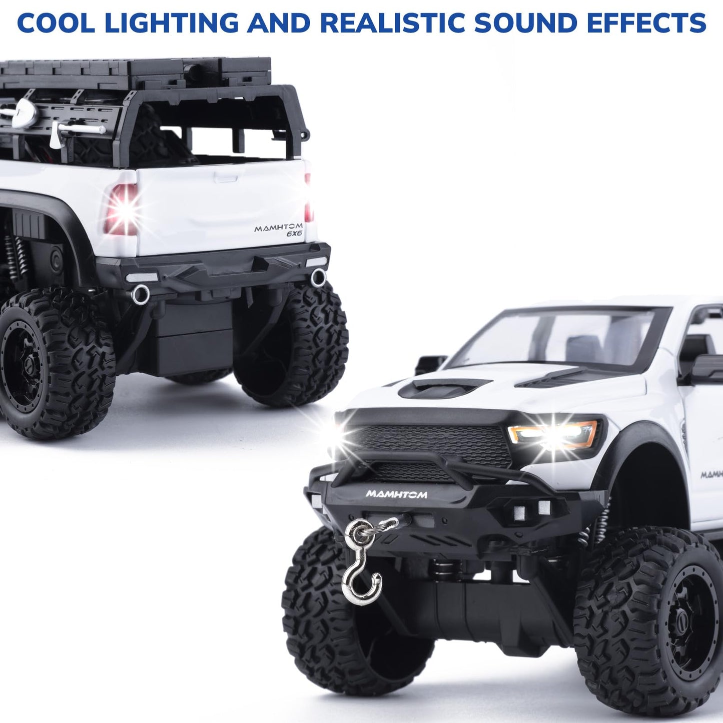 FRJV Mammoth 1/24 Diecast Pickup Truck Toy with Pull-Back, Light & Sound – White