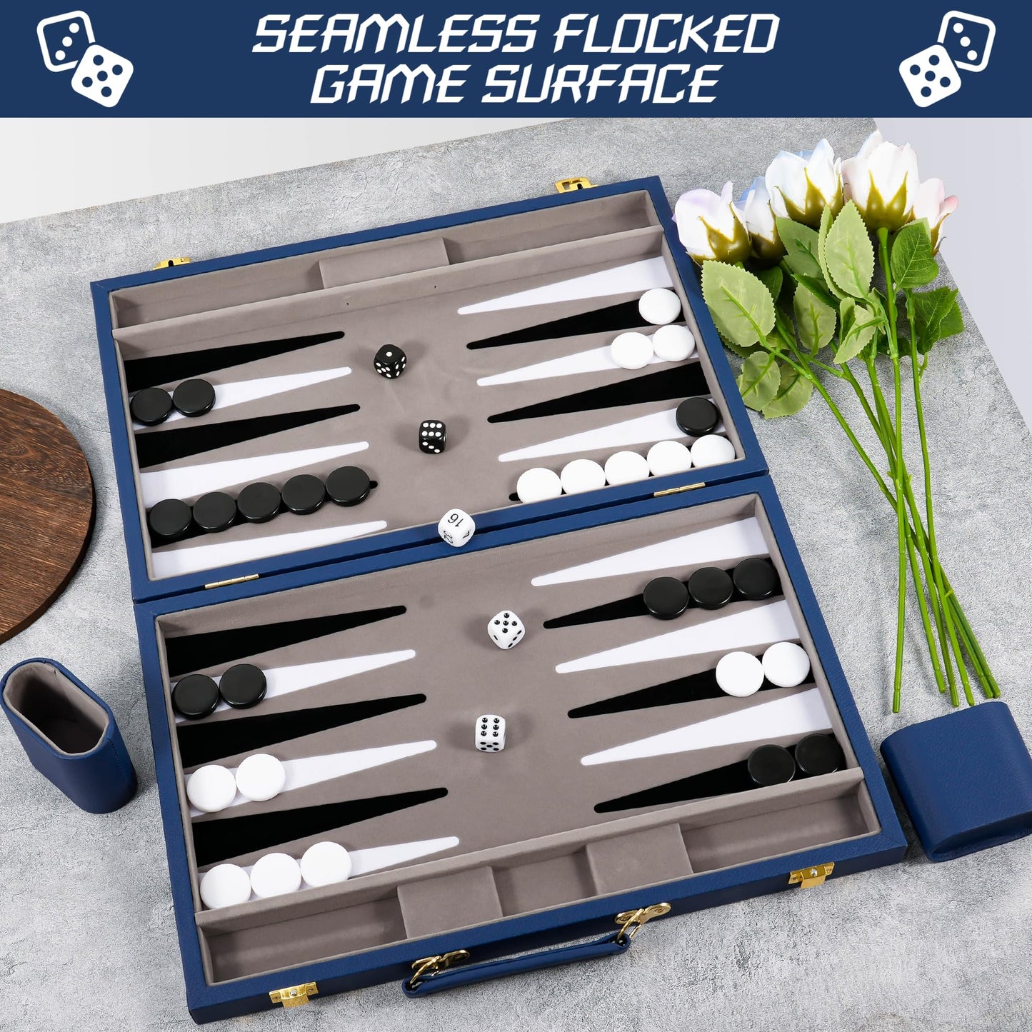 Froggod Travel Backgammon Set – 15-Inch PU Leather Case, Seamless Flocked Surface, 2-Player Game