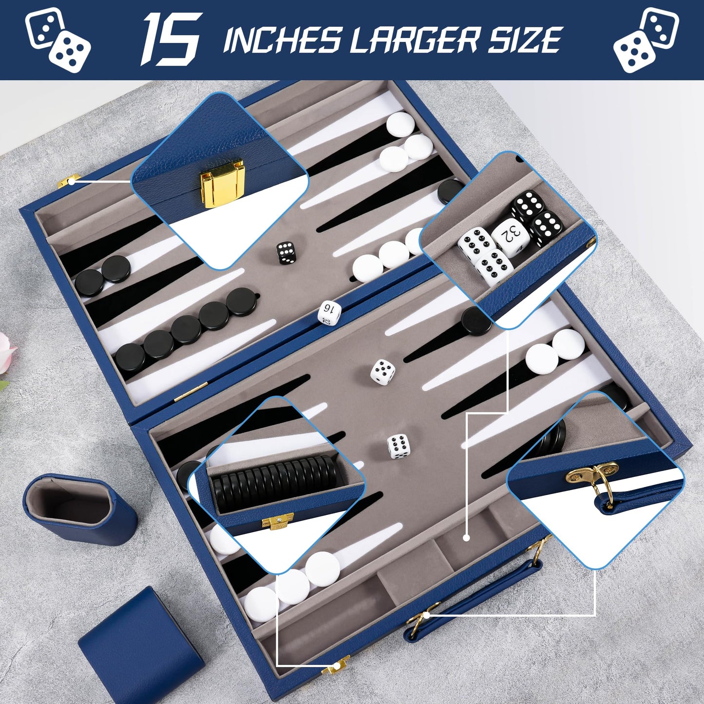Froggod Travel Backgammon Set – 15-Inch PU Leather Case, Seamless Flocked Surface, 2-Player Game