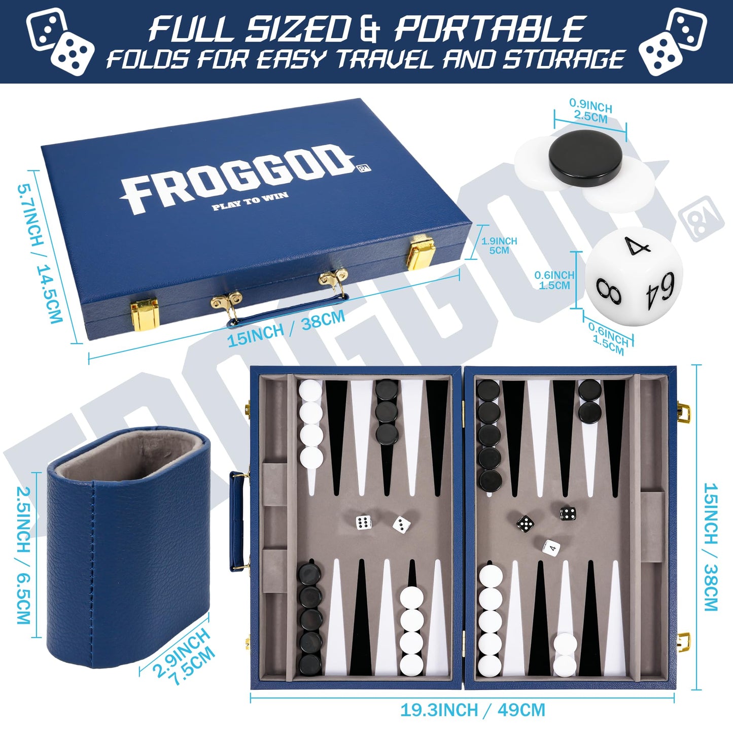 Froggod Travel Backgammon Set – 15-Inch PU Leather Case, Seamless Flocked Surface, 2-Player Game