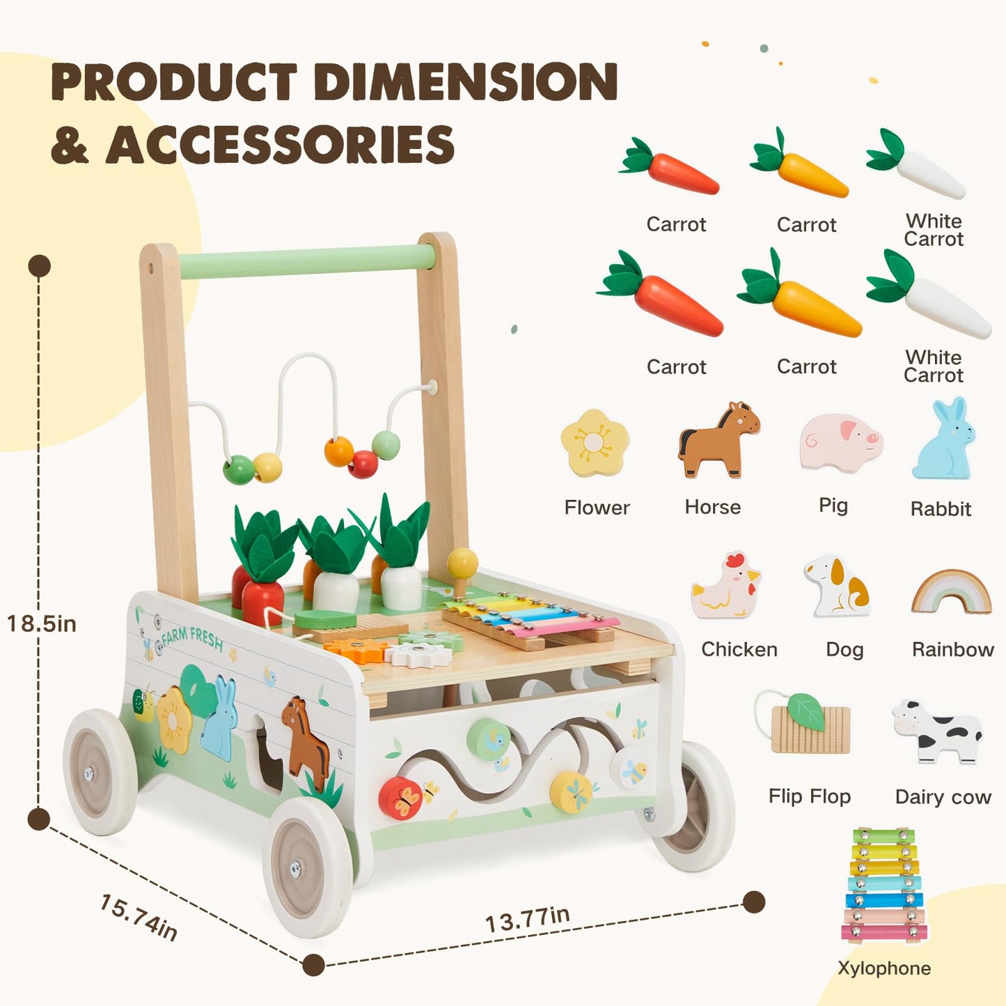 Frogprin Wooden Baby Walker with Interactive Panel and Adjustable Speed | Toddler Push Walker