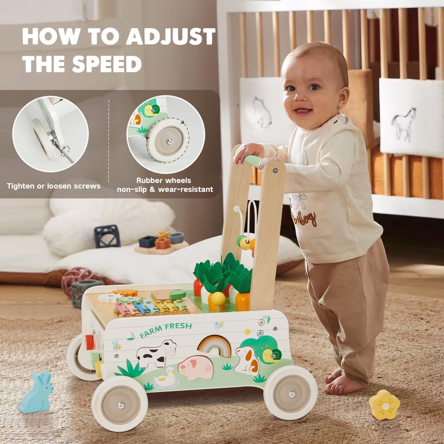 Frogprin Wooden Baby Walker with Interactive Panel and Adjustable Speed | Toddler Push Walker