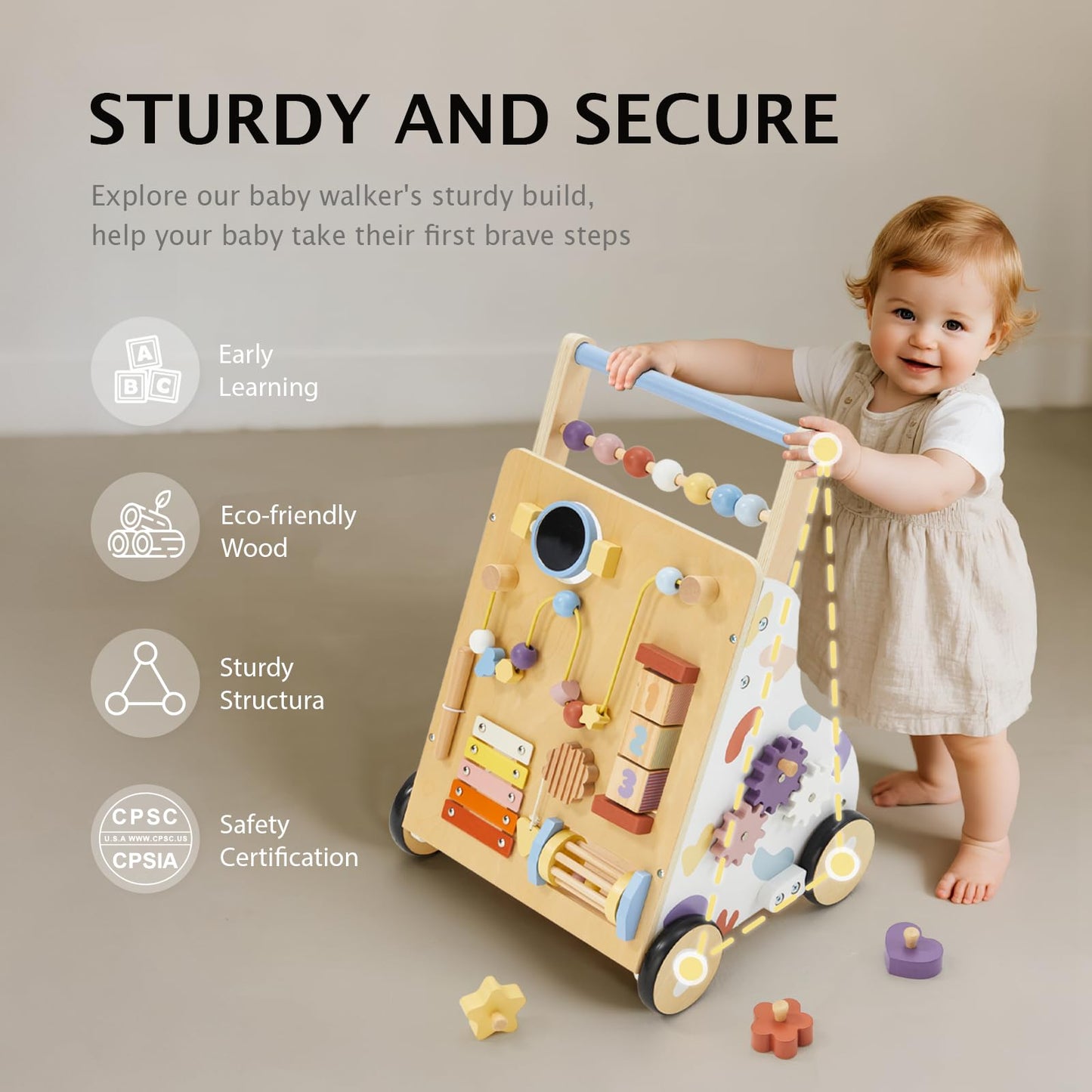 Frogprin Wooden Baby Walker – Montessori 10-in-1 Activity Center for 12M+ | Adjustable Speed & Height