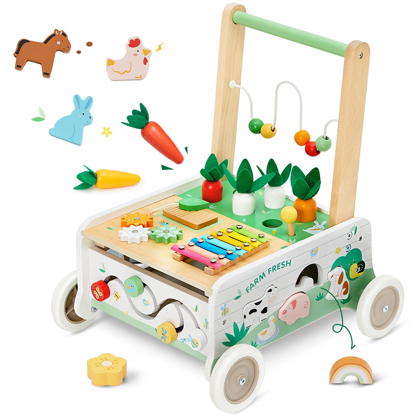 Frogprin Wooden Baby Walker with Interactive Panel and Adjustable Speed | Toddler Push Walker