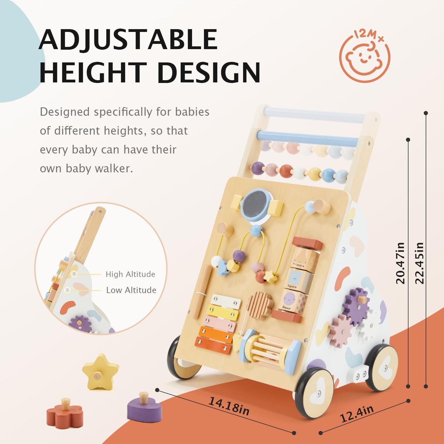 Frogprin Wooden Baby Walker – Montessori 10-in-1 Activity Center for 12M+ | Adjustable Speed & Height