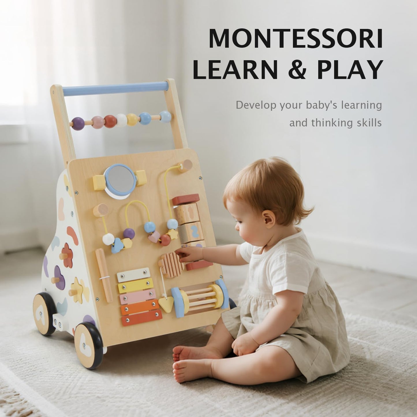 Frogprin Wooden Baby Walker – Montessori 10-in-1 Activity Center for 12M+ | Adjustable Speed & Height