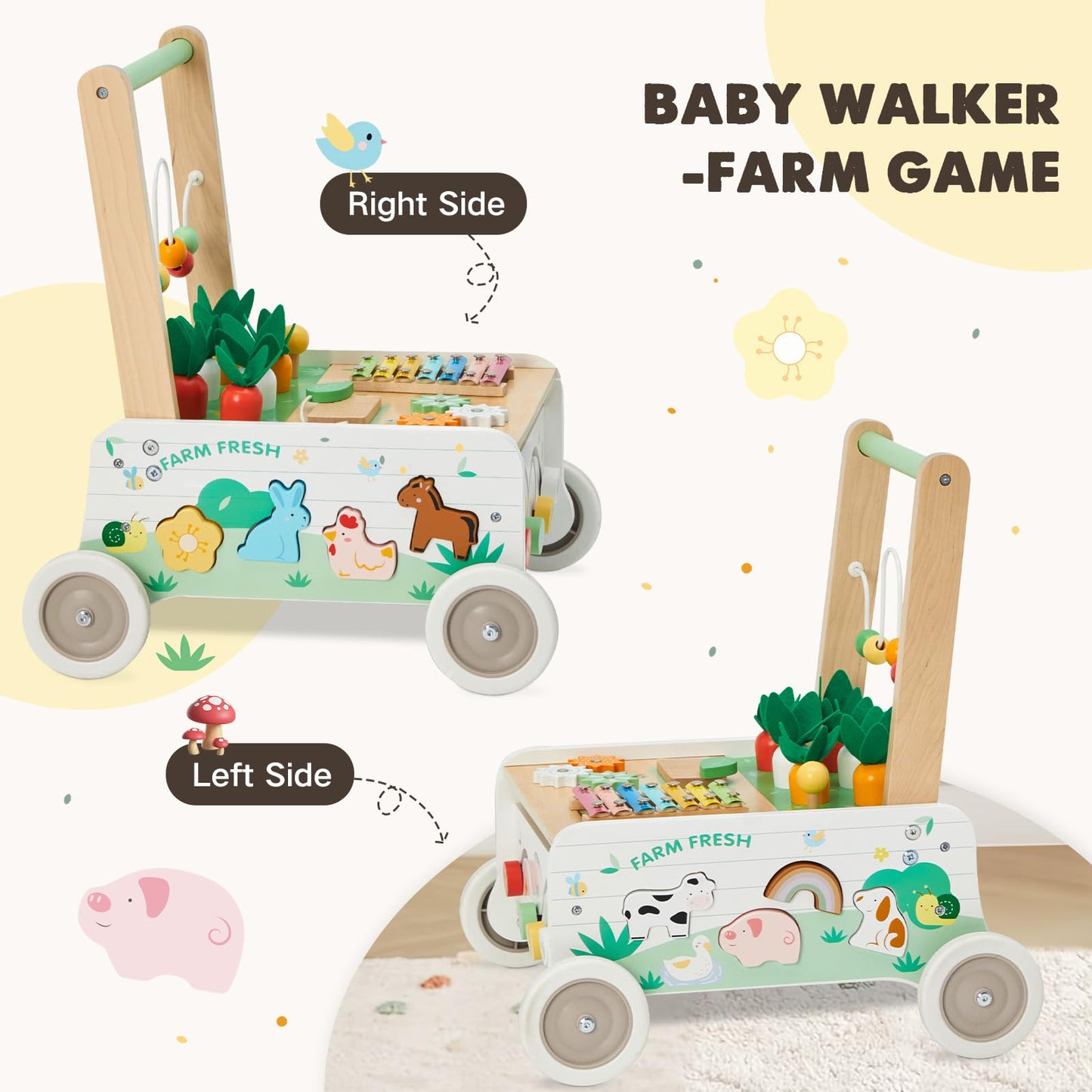 Frogprin Wooden Baby Walker with Interactive Panel and Adjustable Speed | Toddler Push Walker
