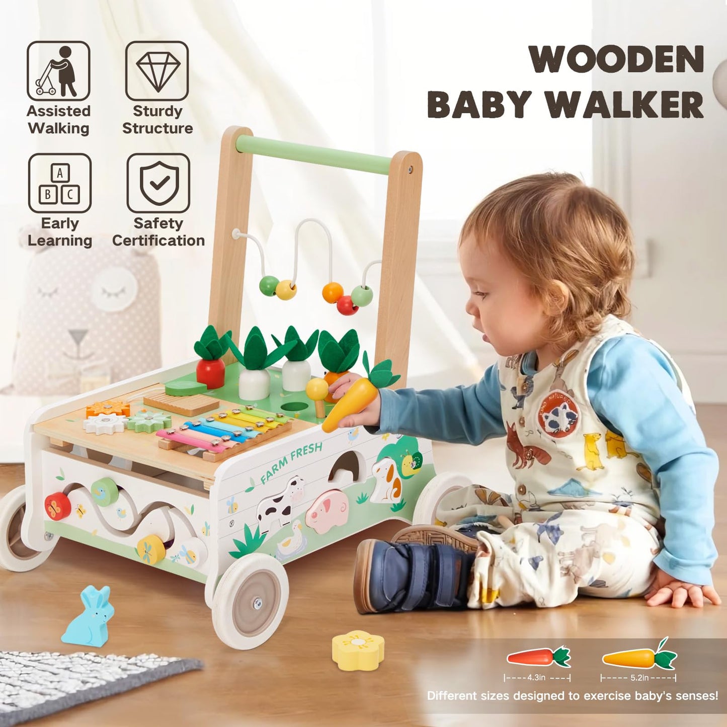 Frogprin Wooden Baby Walker with Interactive Panel and Adjustable Speed | Toddler Push Walker