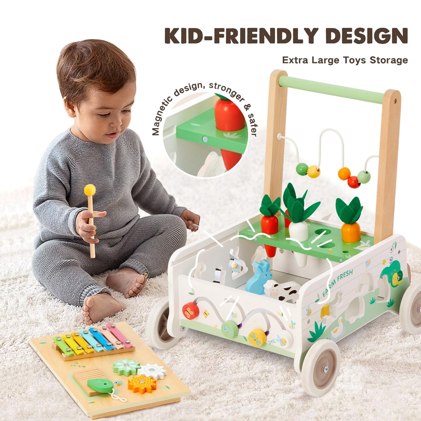 Frogprin Wooden Baby Walker with Interactive Panel and Adjustable Speed | Toddler Push Walker