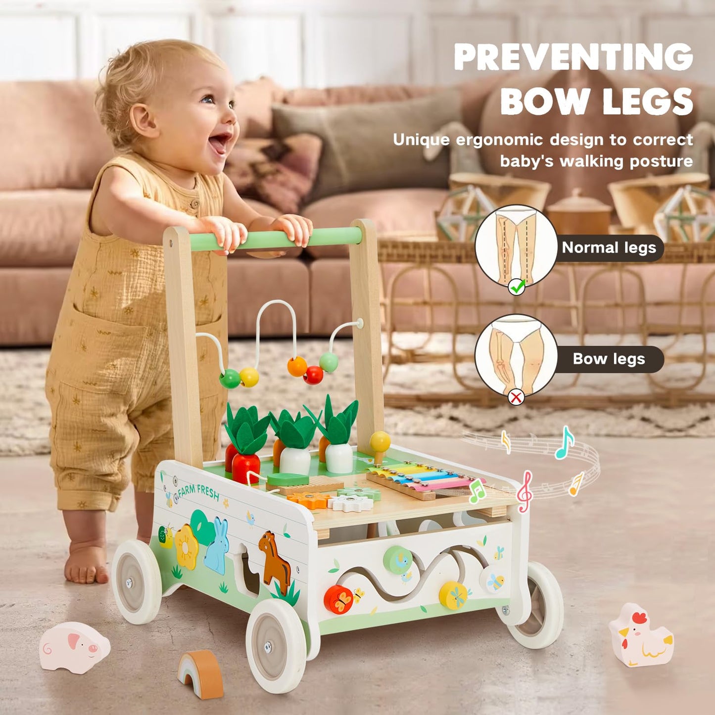 Frogprin Wooden Baby Walker with Interactive Panel and Adjustable Speed | Toddler Push Walker