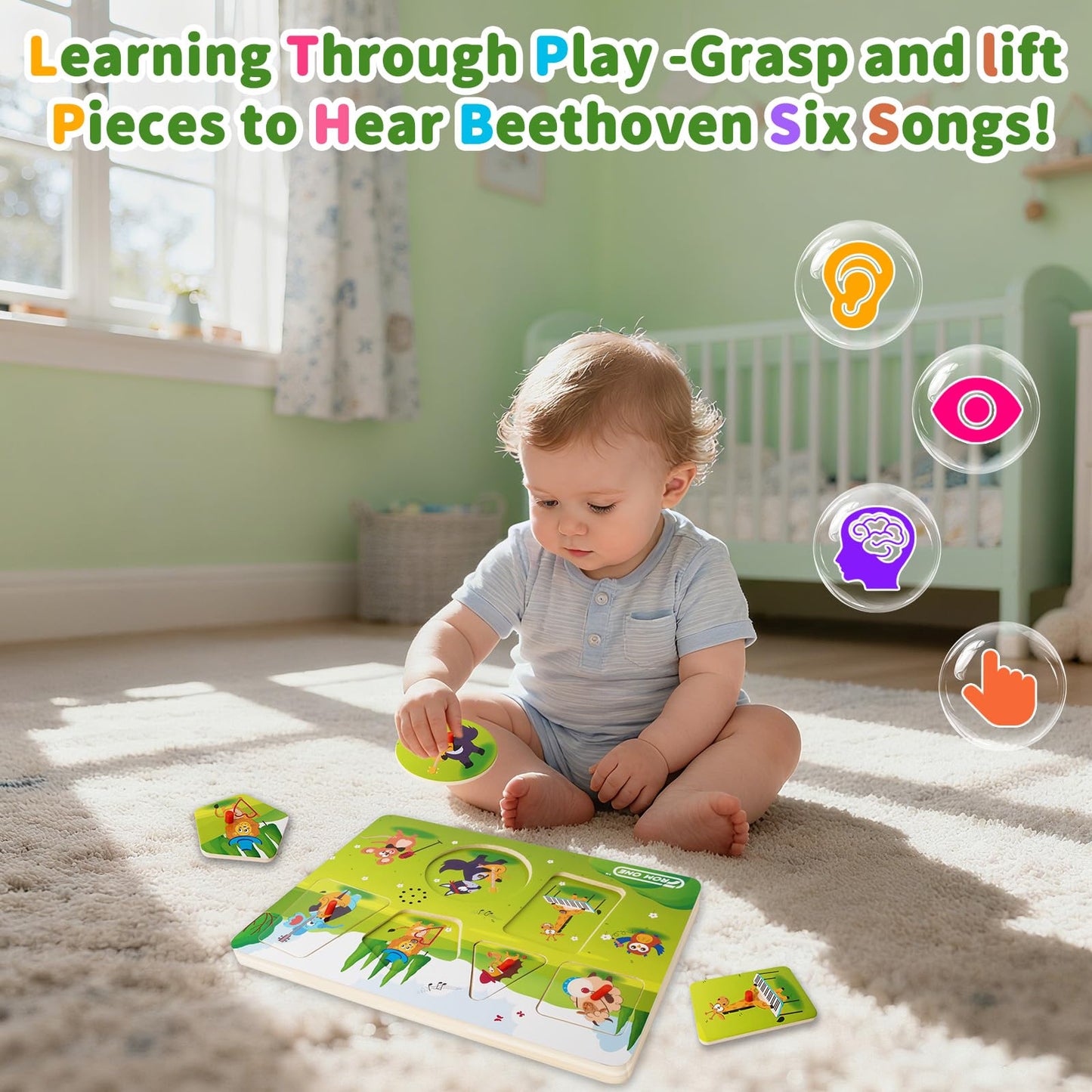 FROM ONE Wooden Puzzles for Toddlers 1–5 — 6 Farm Animals & Beethoven Music