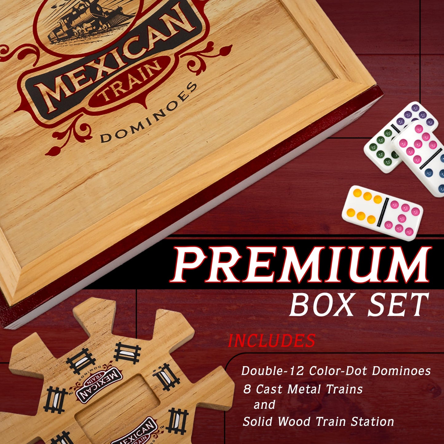 Front Porch Classics Mexican Train Dominoes in Wooden Collector Box | 2–8 Players, Ages 8+