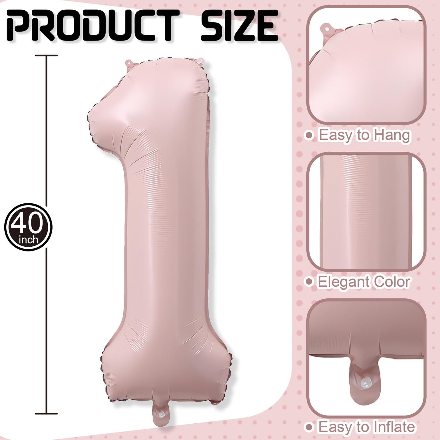 Froova Big Number 1 Balloon - Dusty Pink 40-Inch Foil Number Balloon for 1st Birthday Parties