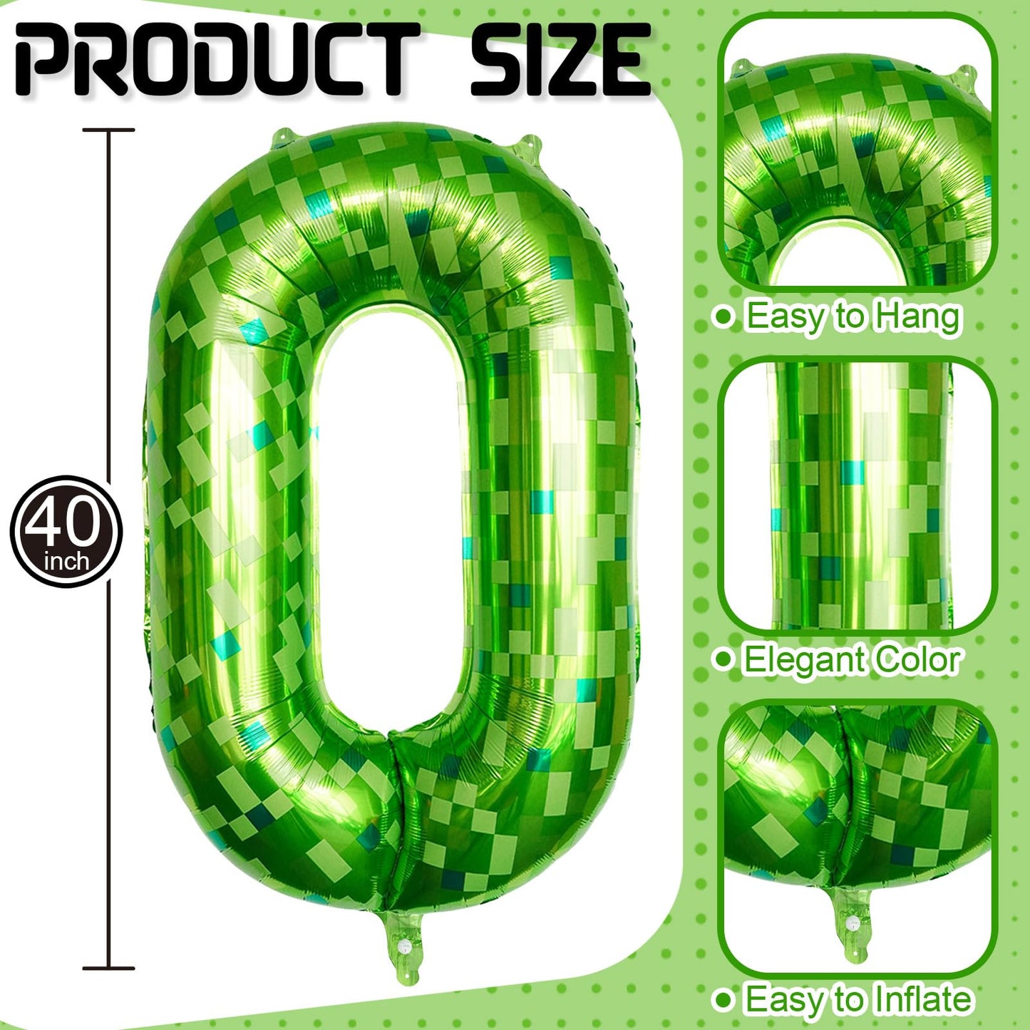 Froova 40-Inch Lime Green Pixel Number 0 Balloon for 10th Birthday – Reusable Foil Decoration