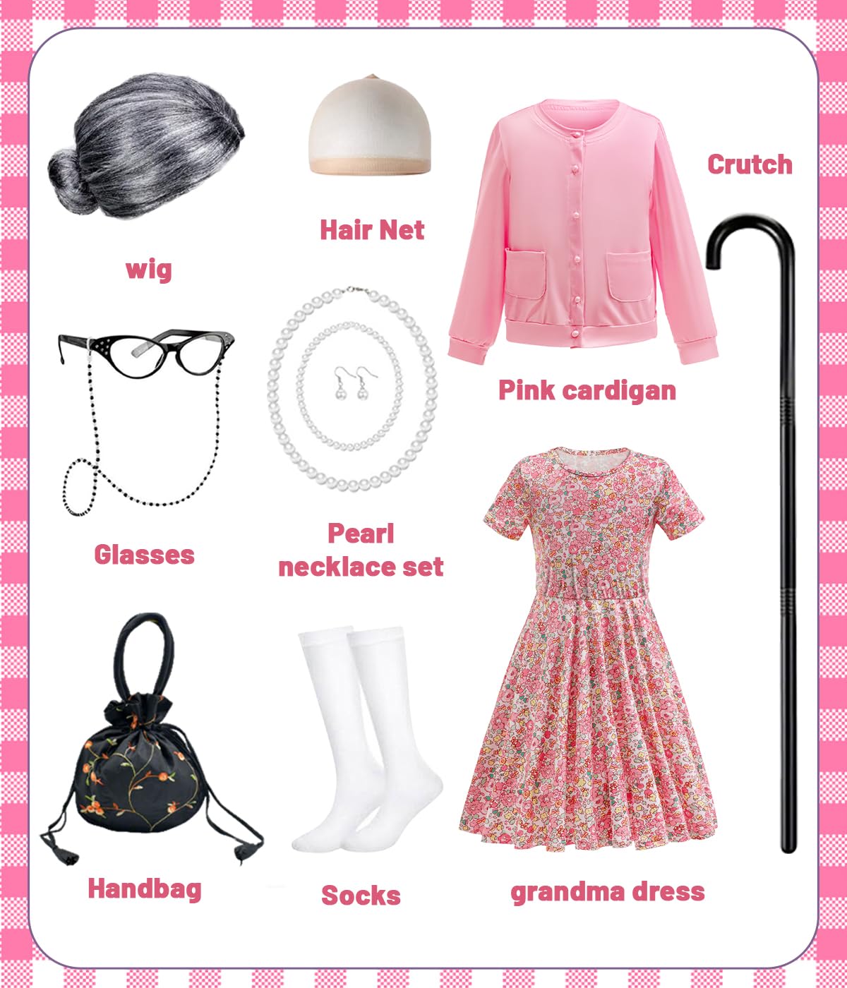 FrostDrift Old Lady Costume for Kids - 100th Day Granny Dress-Up