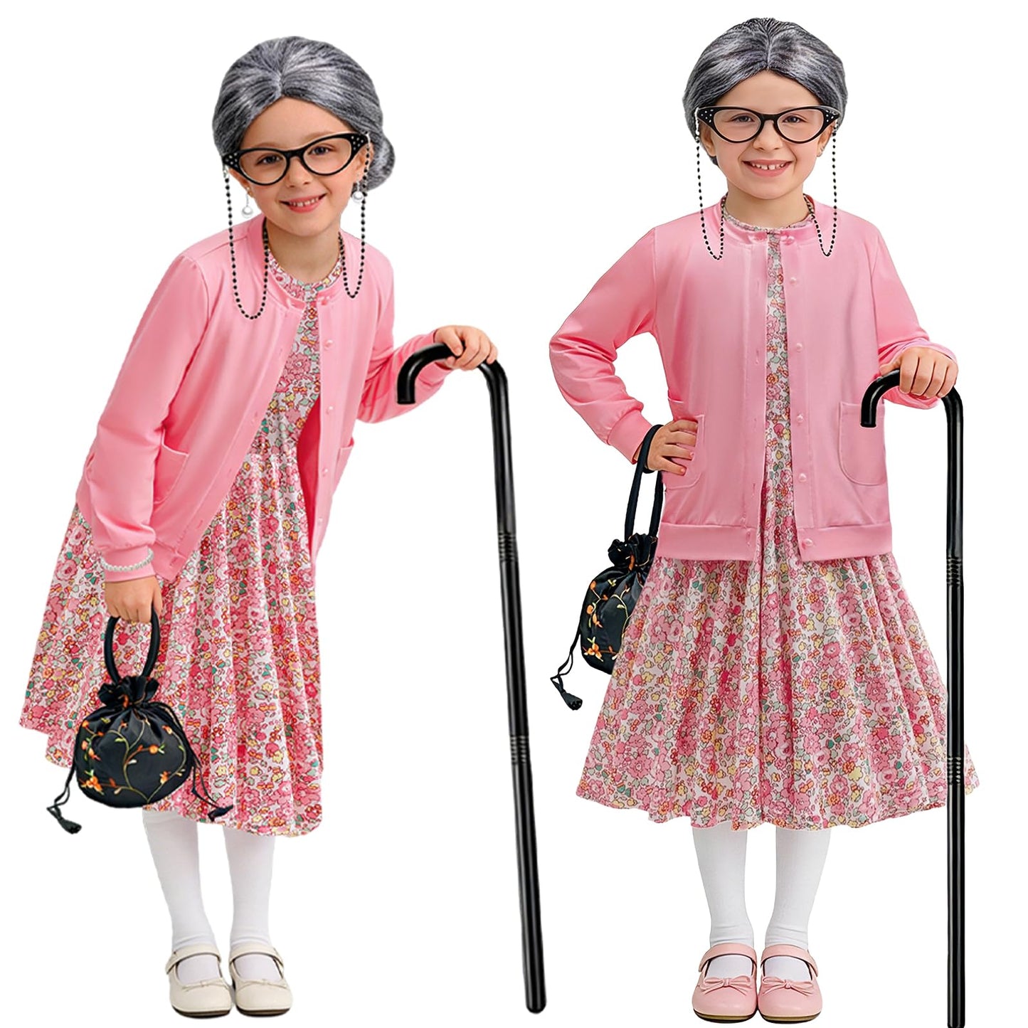 FrostDrift Old Lady Costume for Kids - 100th Day Granny Dress-Up