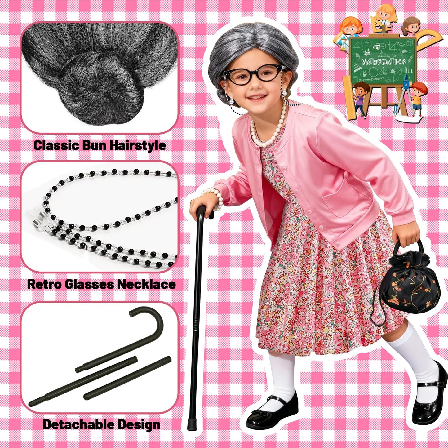 FrostDrift Old Lady Costume for Kids - 100th Day Granny Dress-Up