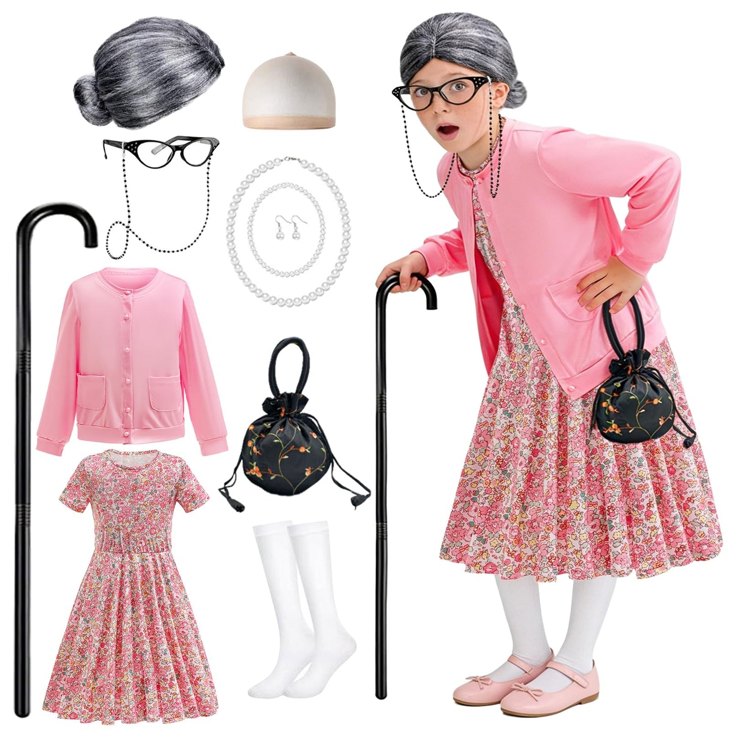 FrostDrift Old Lady Costume for Kids - 100th Day Granny Dress-Up