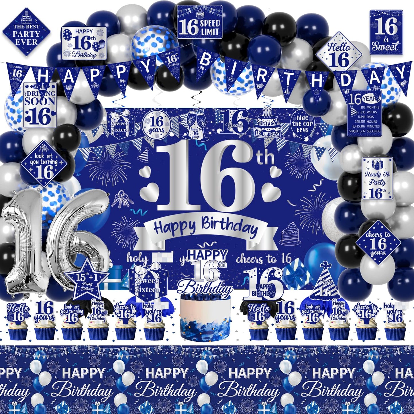 FrozzlyFun 16th Birthday Decorations for Boys | 113Pcs Blue Silver Party Supplies