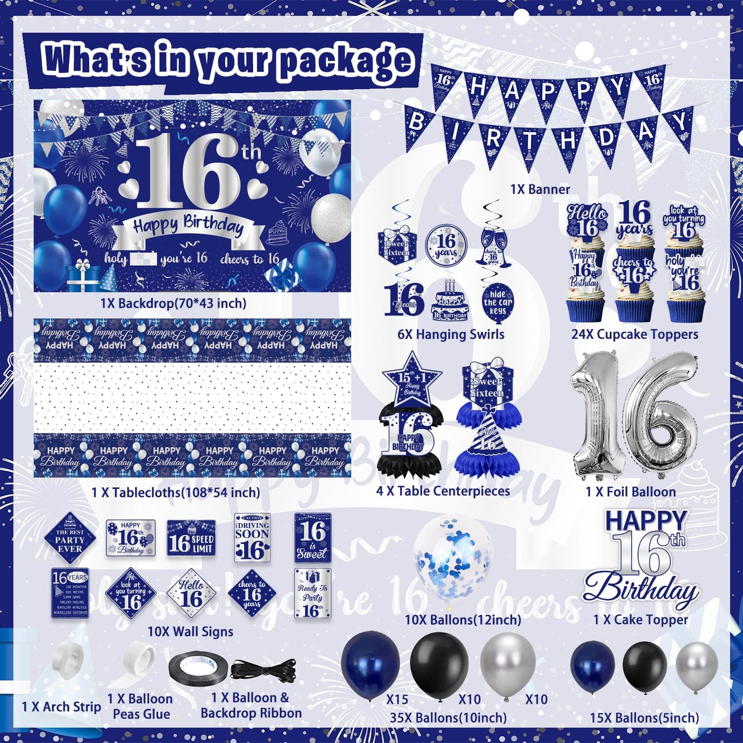 FrozzlyFun 16th Birthday Decorations for Boys | 113Pcs Blue Silver Party Supplies