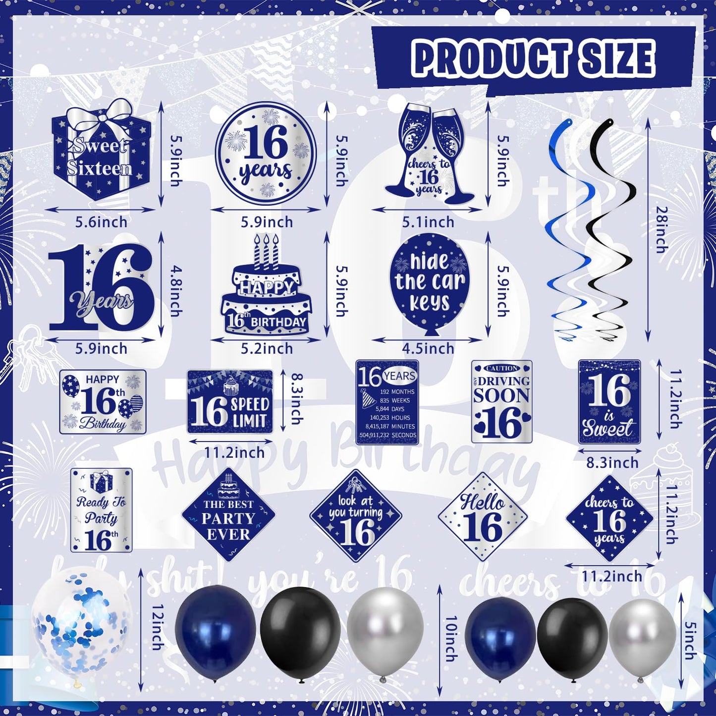 FrozzlyFun 16th Birthday Decorations for Boys | 113Pcs Blue Silver Party Supplies