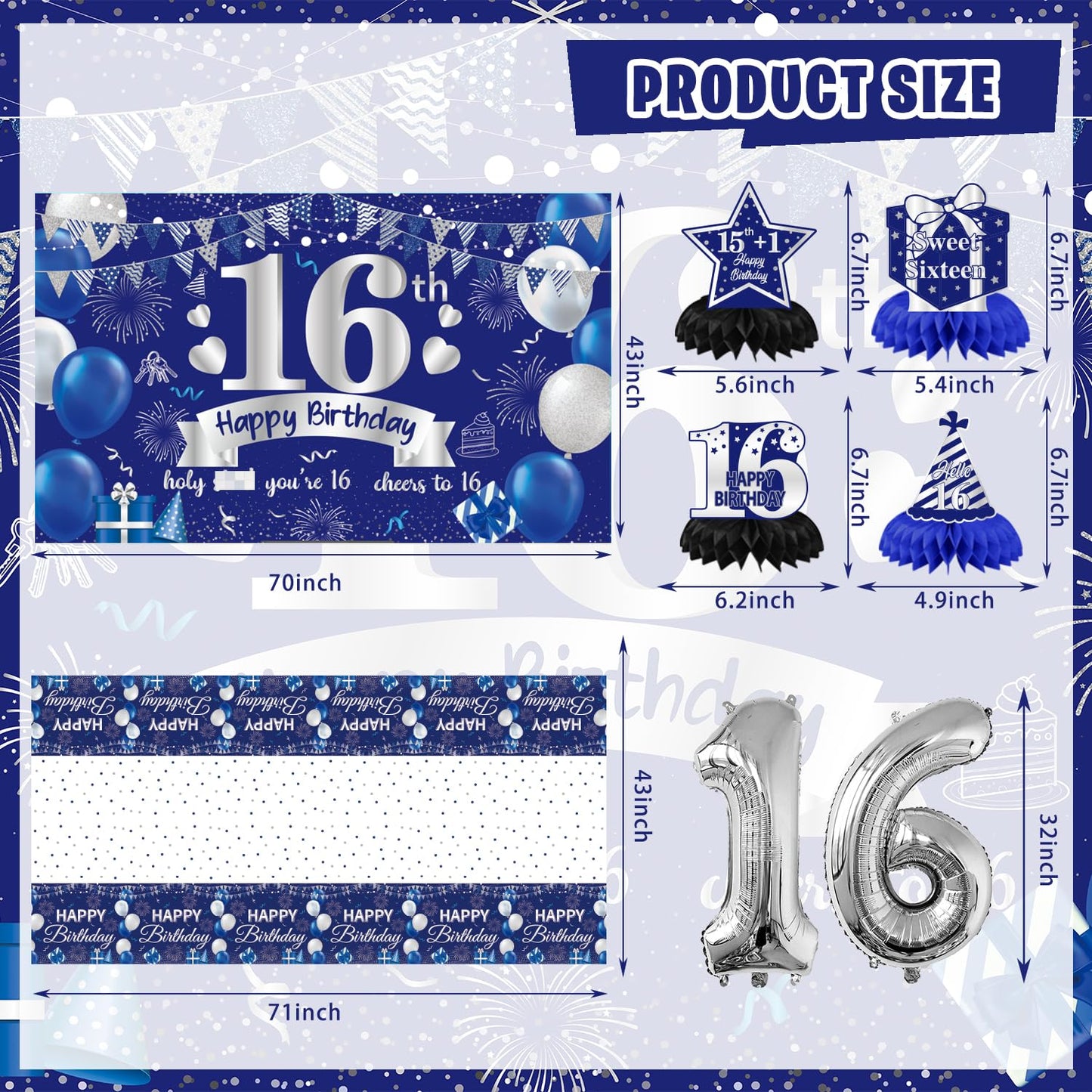 FrozzlyFun 16th Birthday Decorations for Boys | 113Pcs Blue Silver Party Supplies