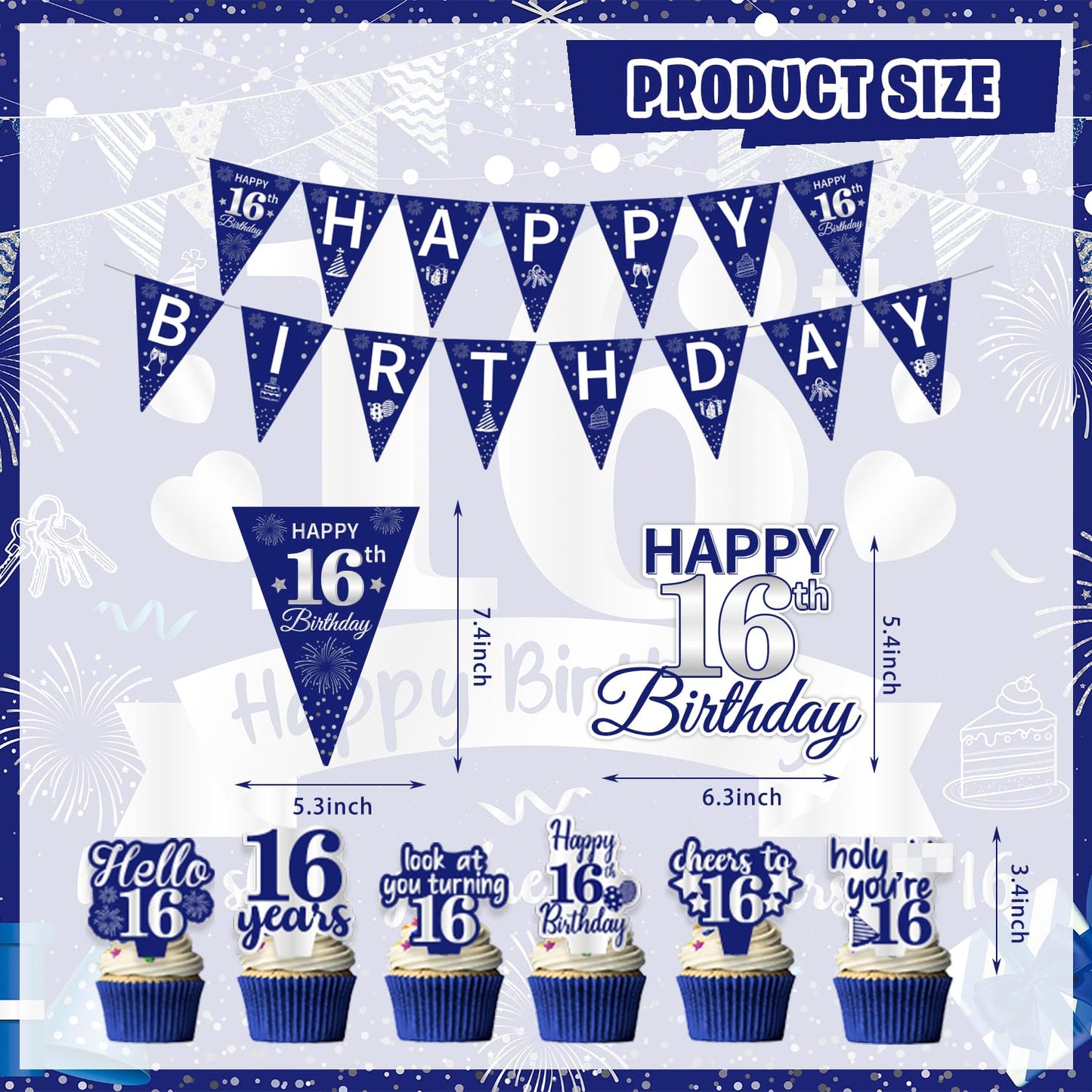 FrozzlyFun 16th Birthday Decorations for Boys | 113Pcs Blue Silver Party Supplies