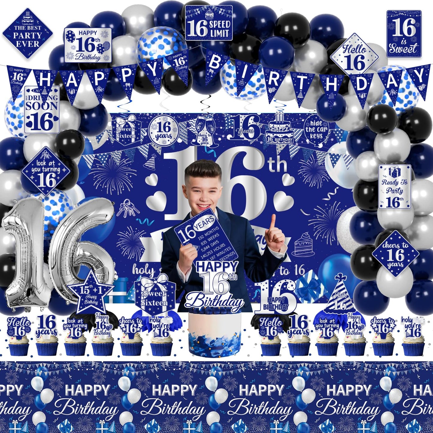 FrozzlyFun 16th Birthday Decorations for Boys | 113Pcs Blue Silver Party Supplies