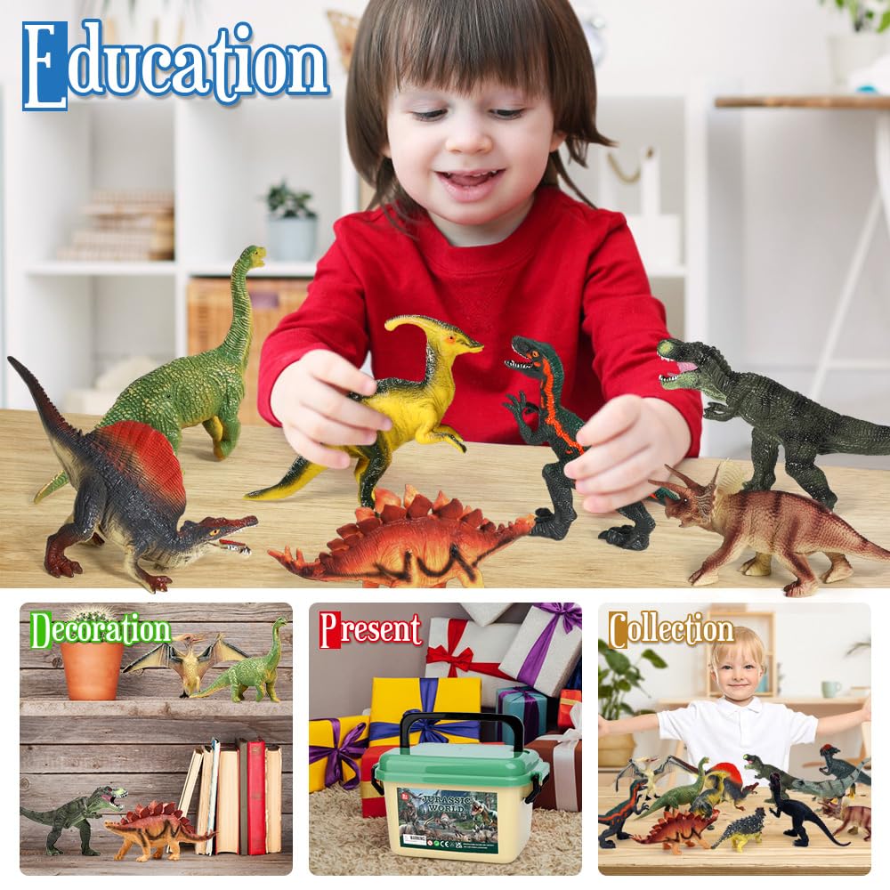 FRUSE Jurassic Dinosaur Toys – 12 Realistic Dino Figurines with Educational Book for Kids 3-5