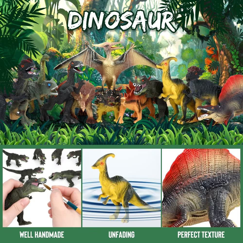 FRUSE Jurassic Dinosaur Toys – 12 Realistic Dino Figurines with Educational Book for Kids 3-5