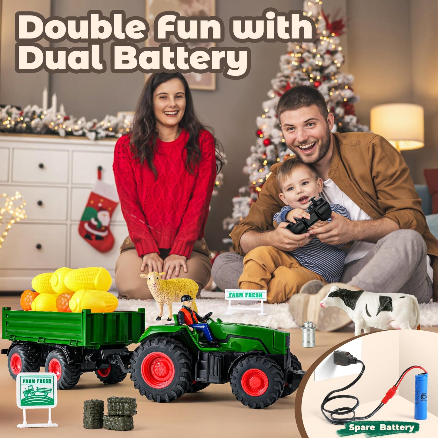 FRUSE Remote Control Tractor Toy — RC Tractor Set with Trailer and 2 Batteries