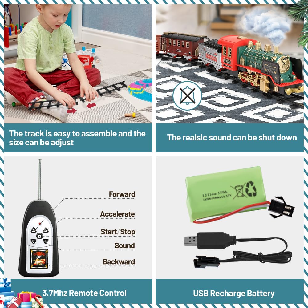 FRUSE Remote Control Train Set – Steam Engine, Lights & Sound, 64-Inch Track, 3+