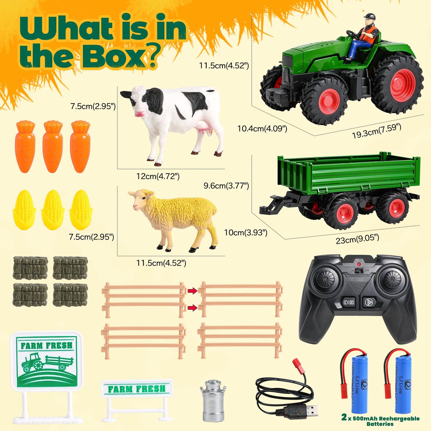 FRUSE Remote Control Tractor Toy — RC Tractor Set with Trailer and 2 Batteries