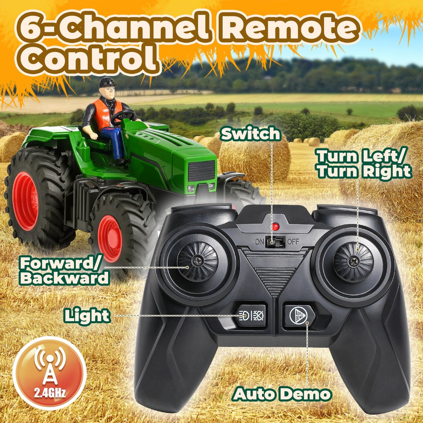 FRUSE Remote Control Tractor Toy — RC Tractor Set with Trailer and 2 Batteries