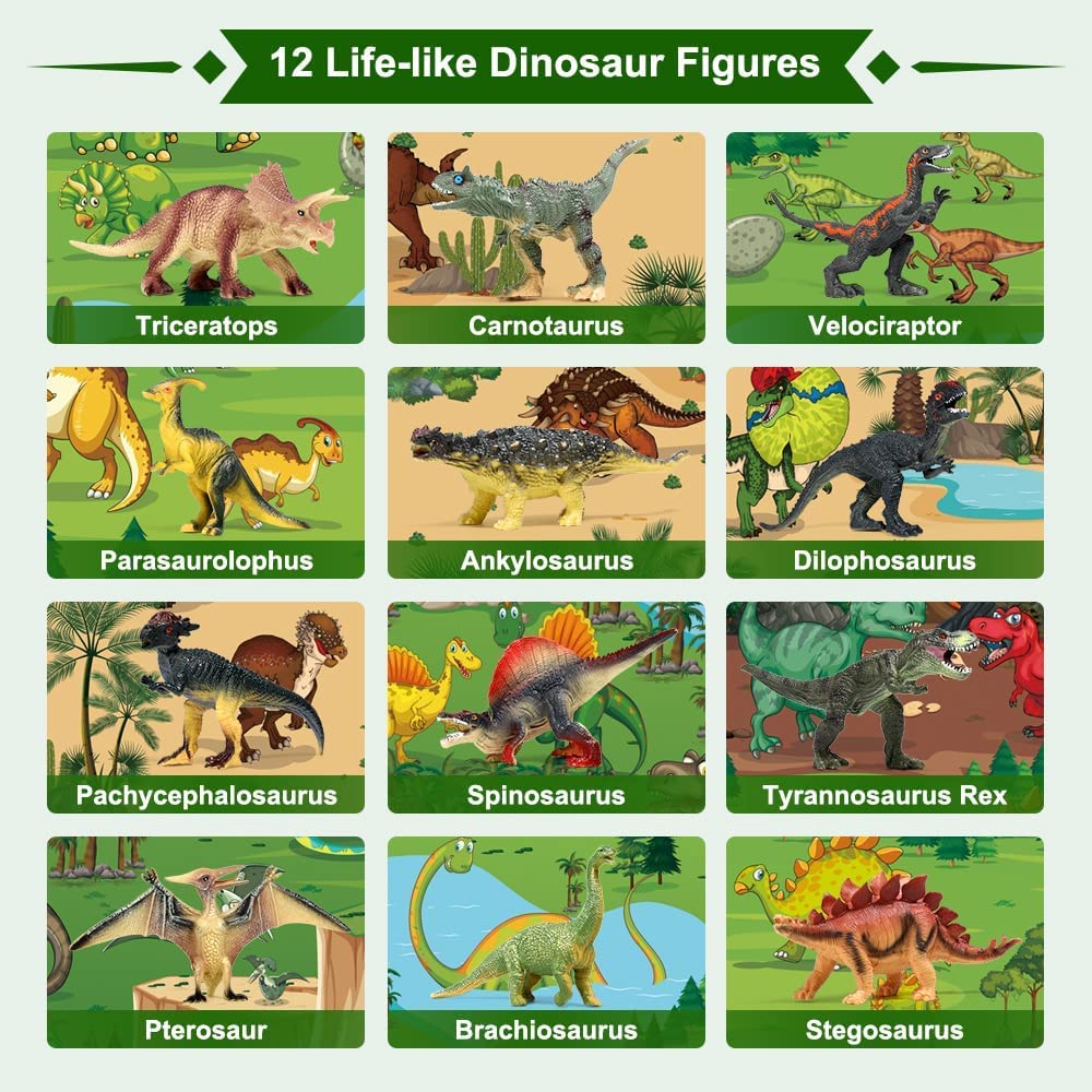FRUSE Jurassic Dinosaur Toys – 12 Realistic Dinosaurs with Jumbo Play Mat & Dino Book