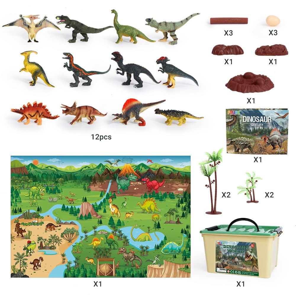 FRUSE Jurassic Dinosaur Toys – 12 Realistic Dinosaurs with Jumbo Play Mat & Dino Book