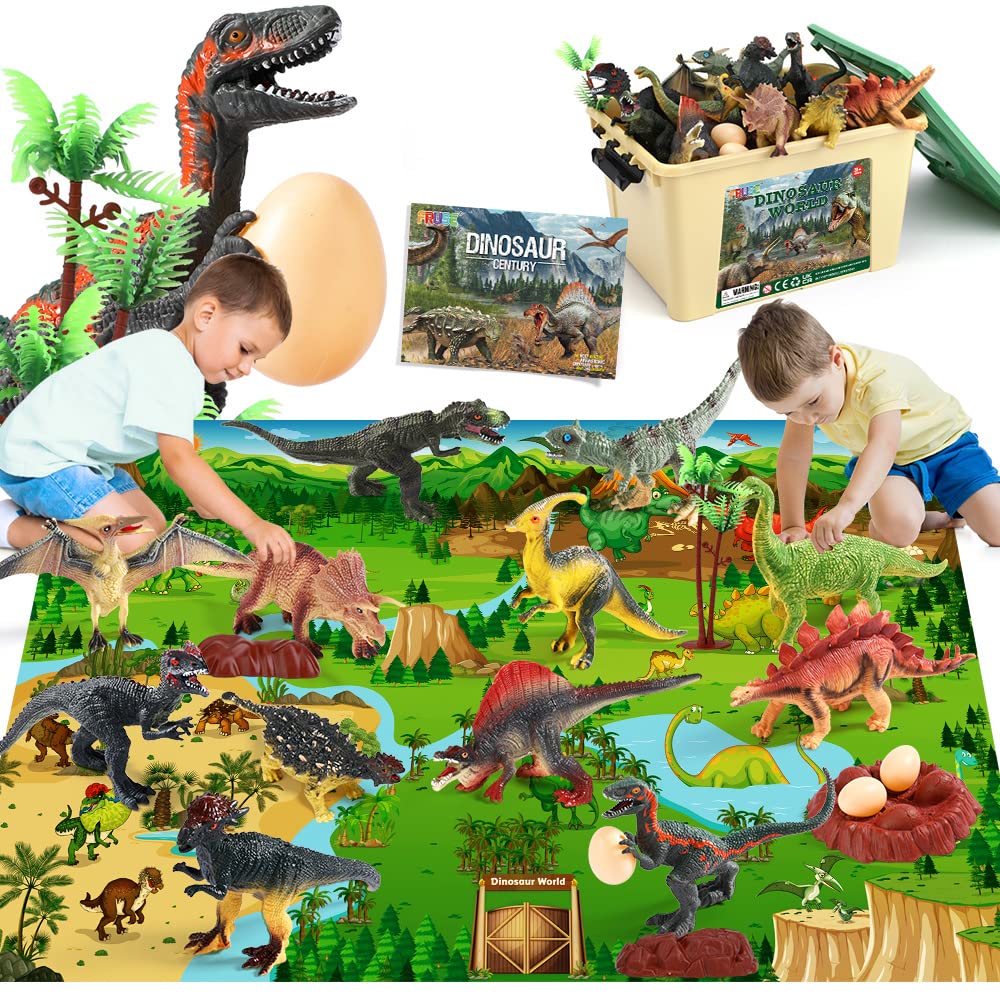 FRUSE Jurassic Dinosaur Toys – 12 Realistic Dinosaurs with Jumbo Play Mat & Dino Book