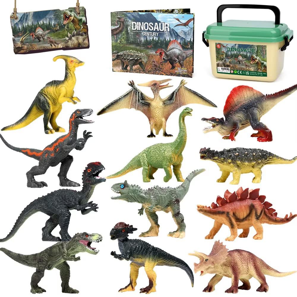 FRUSE Jurassic Dinosaur Toys – 12 Realistic Dino Figurines with Educational Book for Kids 3-5