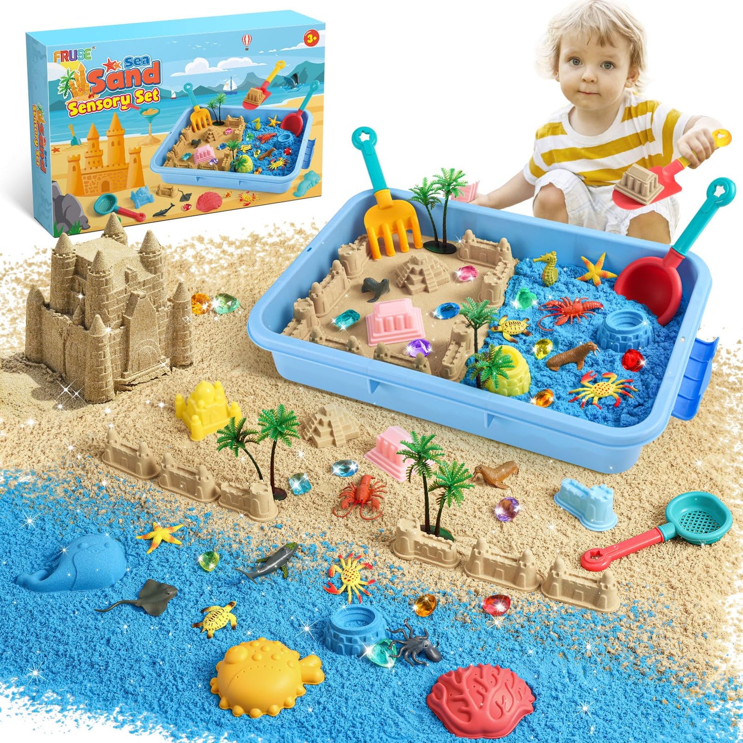 FRUSE Ocean Sensory Bin – Sand Art Kit with 2.2lbs Sand, 12 Sea Animals & Molds