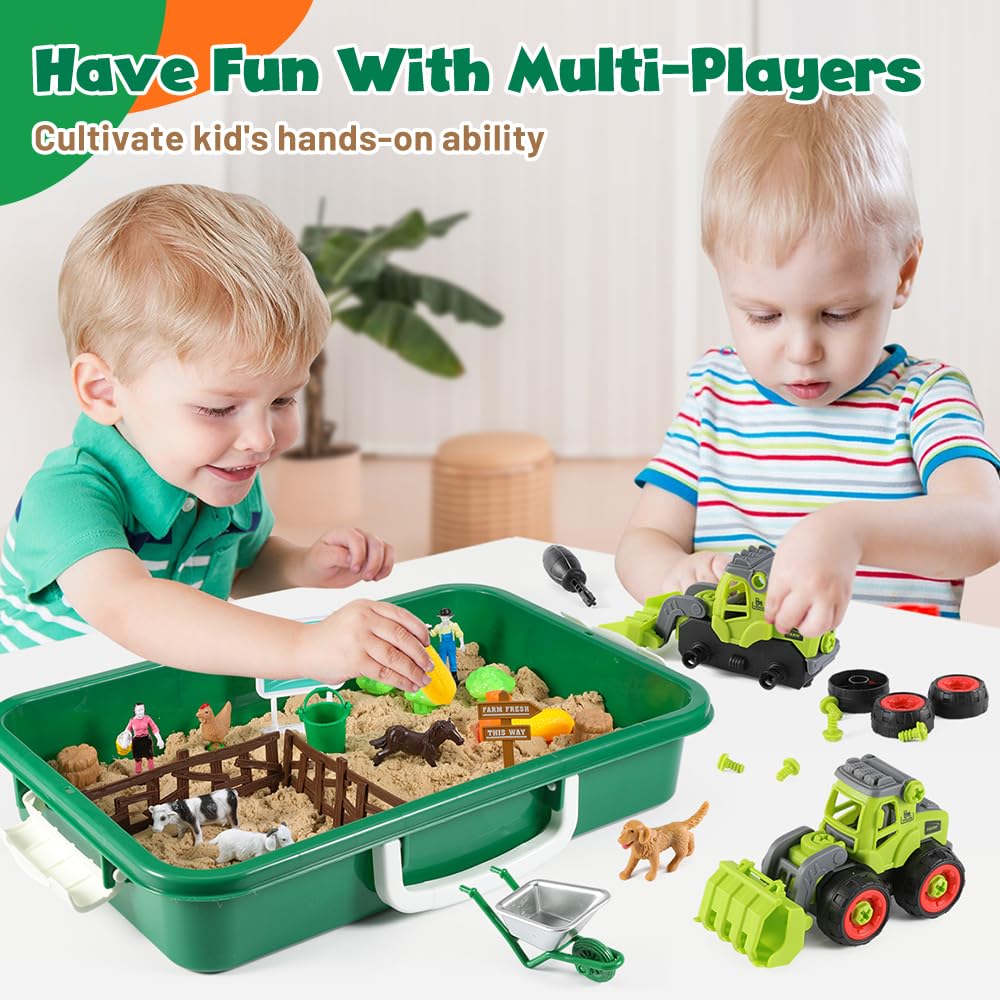 FRUSE Play Sand Farm Toys – 38-Piece Sensory Sand Set with 2.2lb Sand & Tractor Playset