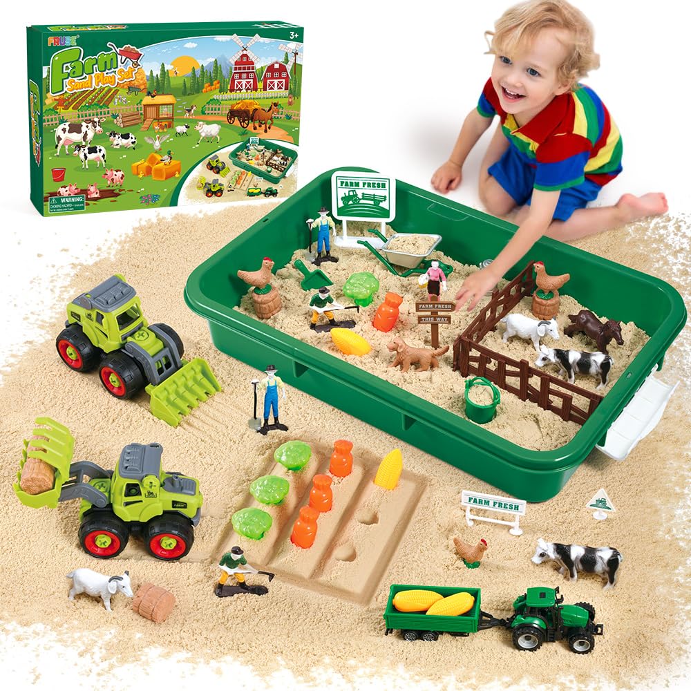 FRUSE Play Sand Farm Toys – 38-Piece Sensory Sand Set with 2.2lb Sand & Tractor Playset